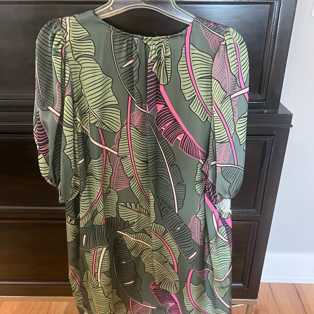 Karlie Olive Green Leaf Print Dress with Pink Accents - Picture 3 of 4